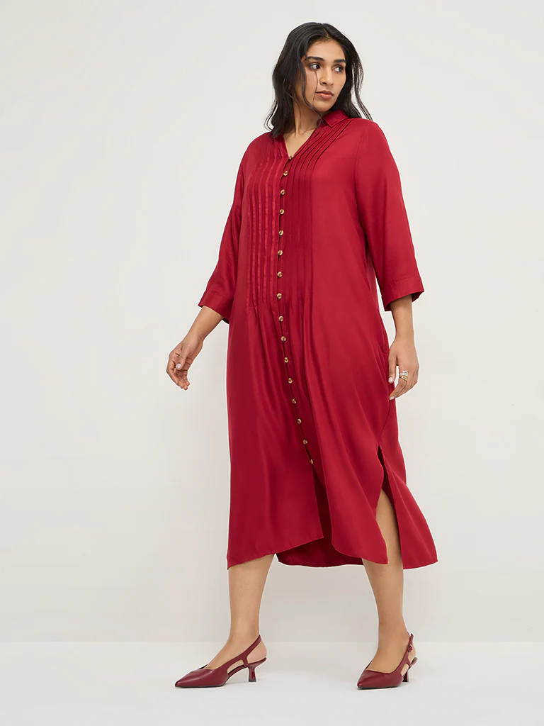 Gia Red Pintuck-Detailed Shirt Dress - Image 3