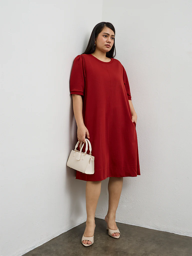 Gia Red Solid Cotton A-Line Dress