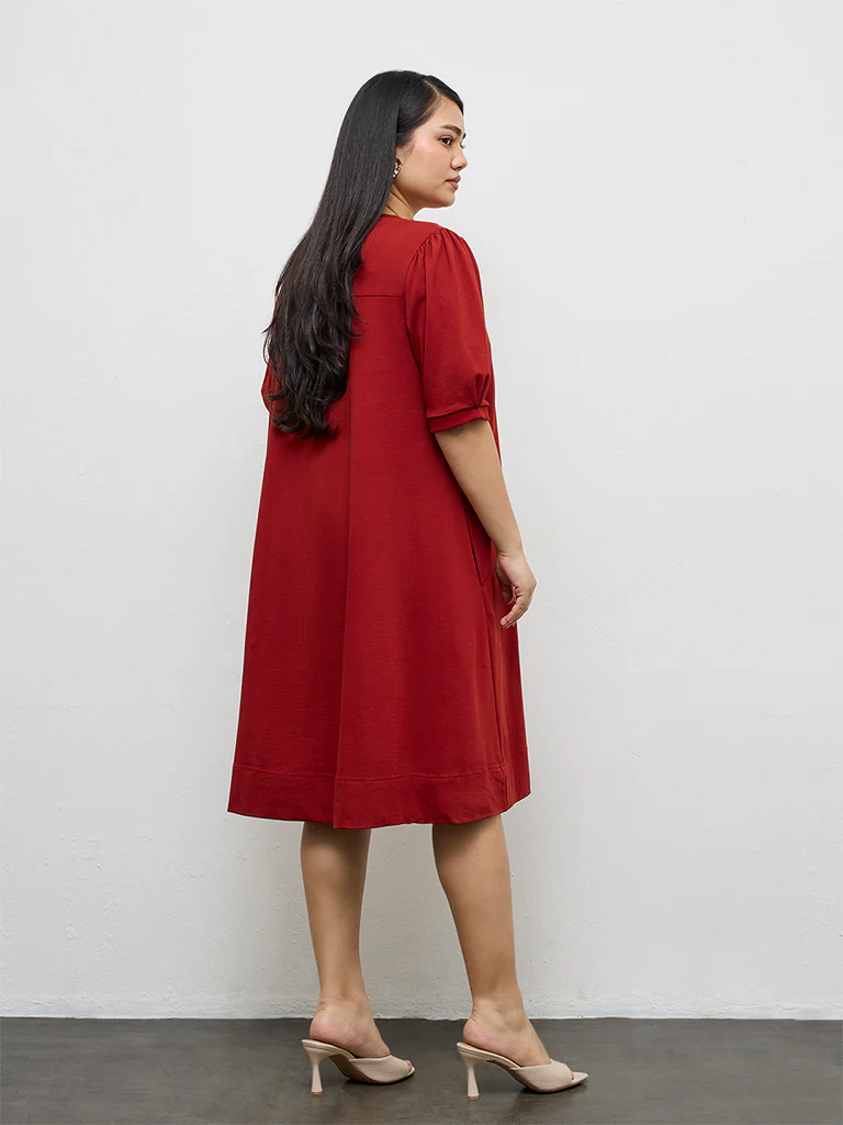 Gia Red Solid Cotton A-Line Dress - Image 4