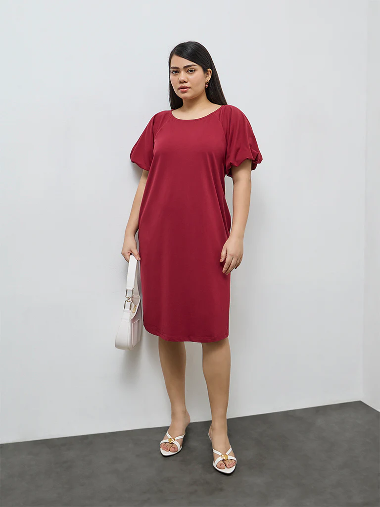 Gia Red Solid Cotton Straight Dress - Image 2