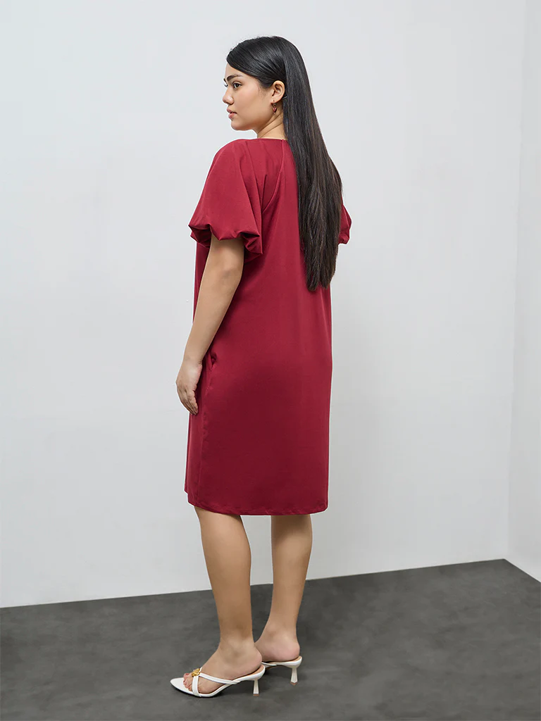 Gia Red Solid Cotton Straight Dress - Image 4