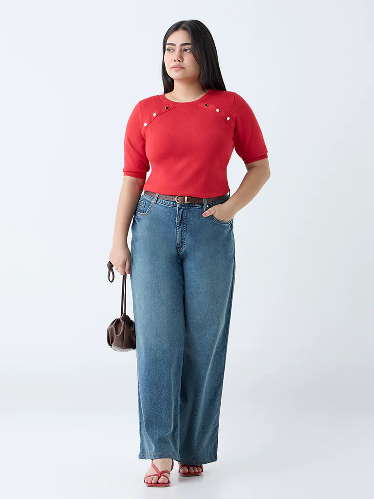 Gia Red Solid Knitted T-Shirt - Image 2