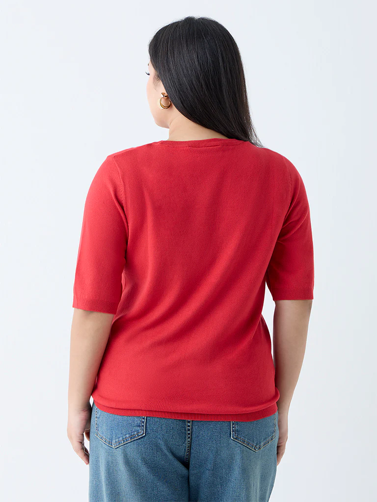 Gia Red Solid Knitted T-Shirt - Image 4