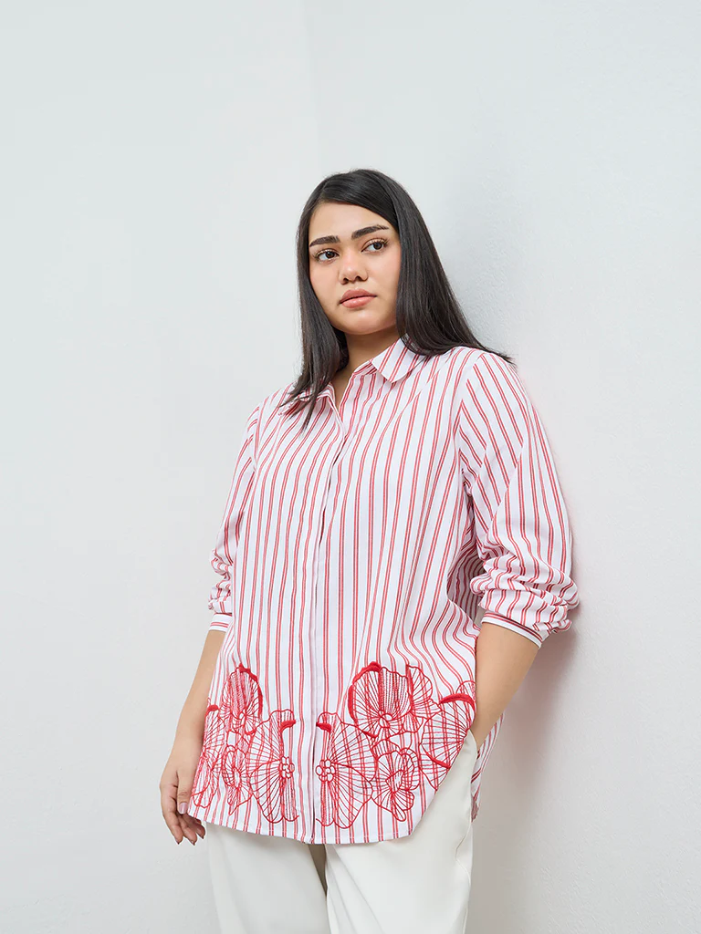 Gia Red Striped Printed Cotton Shirt