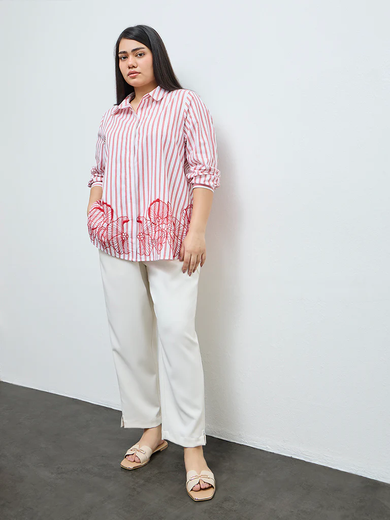 Gia Red Striped Printed Cotton Shirt - Image 2