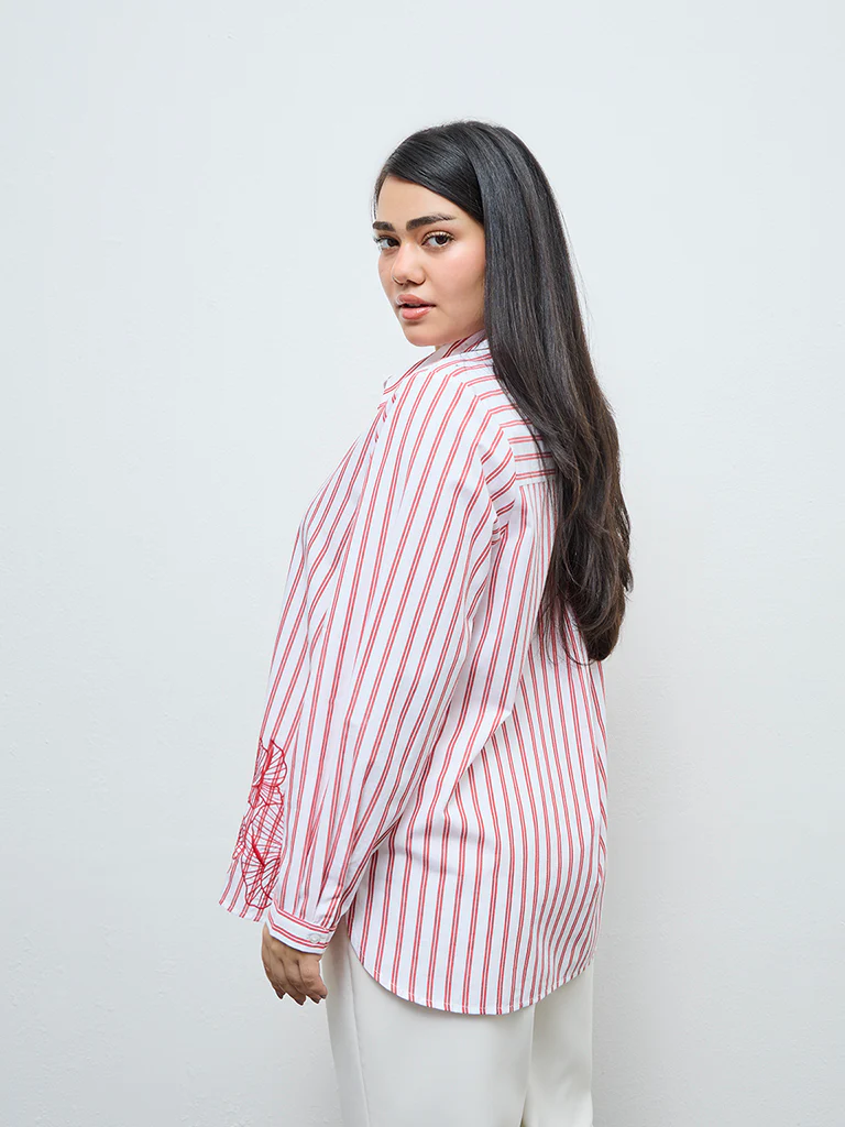 Gia Red Striped Printed Cotton Shirt - Image 3