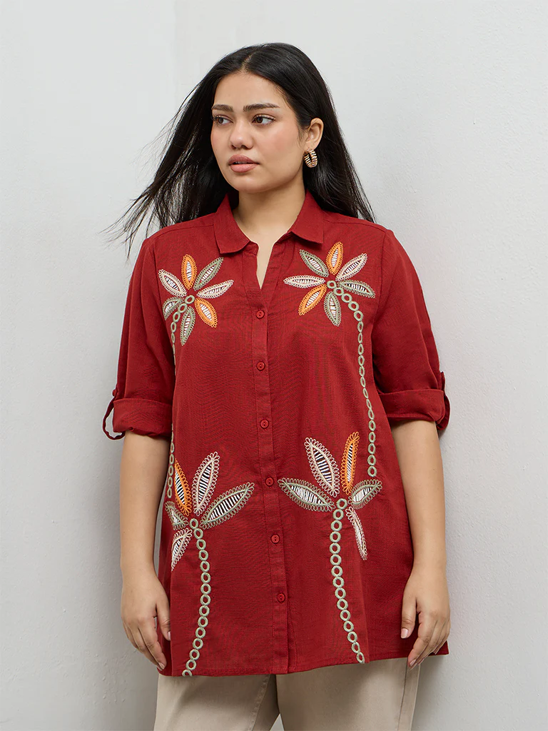 Gia Rust Floral Cotton Embroidered Blouse