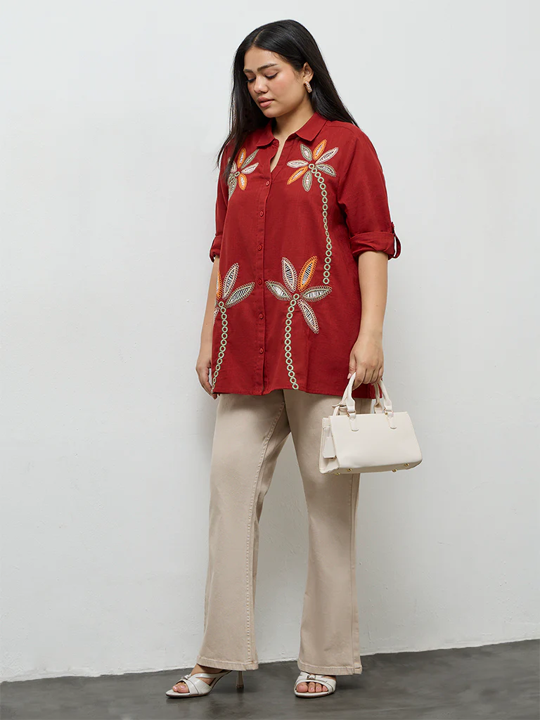 Gia Rust Floral Cotton Embroidered Blouse - Image 2