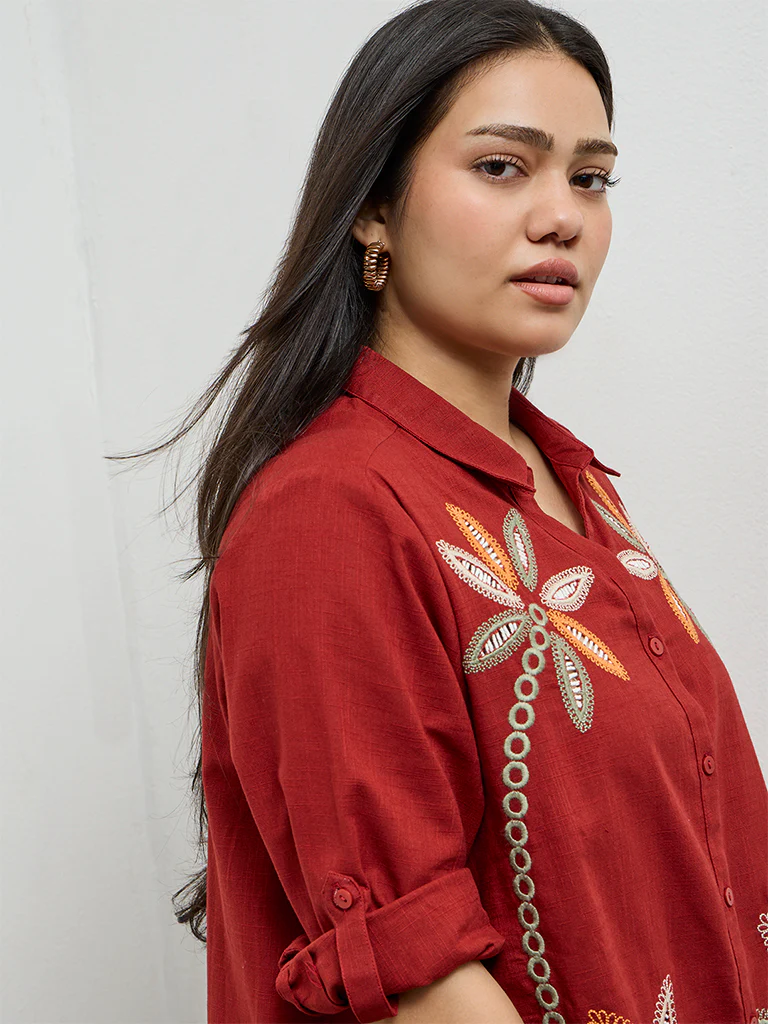 Gia Rust Floral Cotton Embroidered Blouse - Image 3