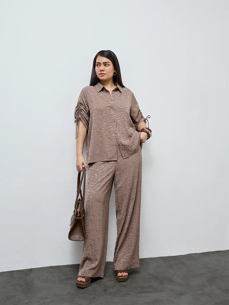 Gia Taupe Self-Patterned High-Rise Pants with Belt