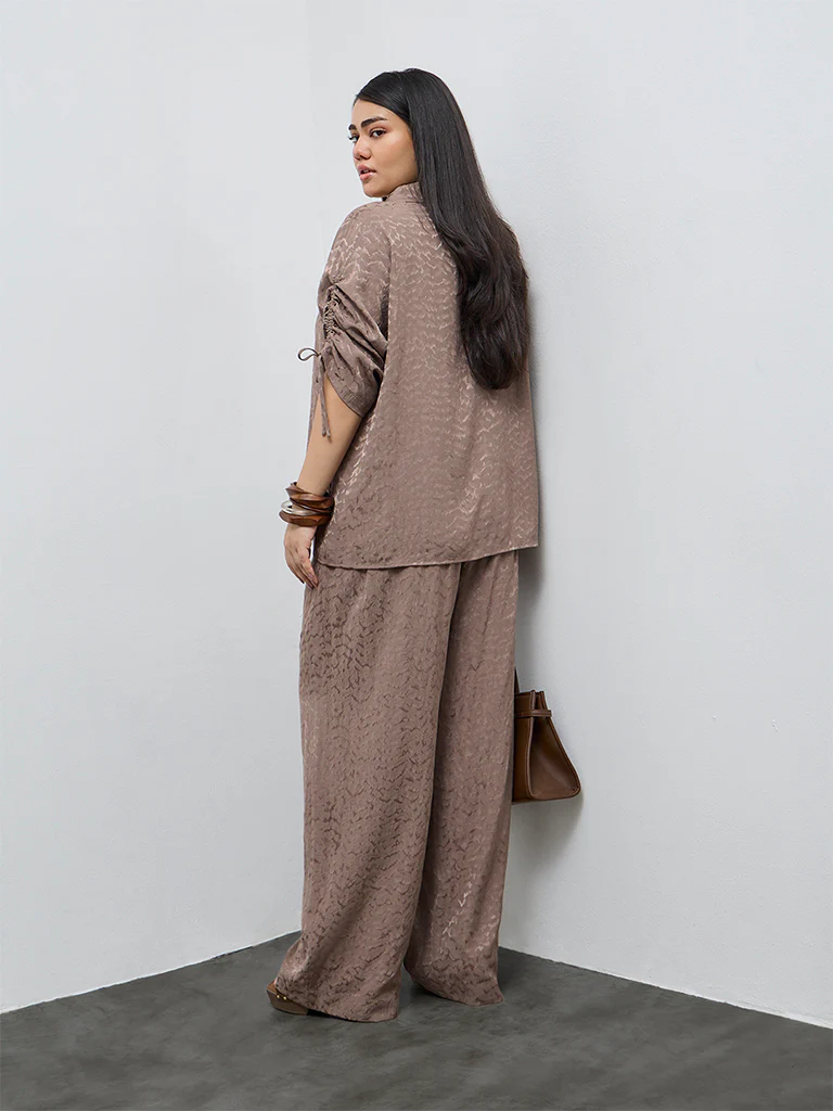 Gia Taupe Self-Patterned High-Rise Pants with Belt - Image 4