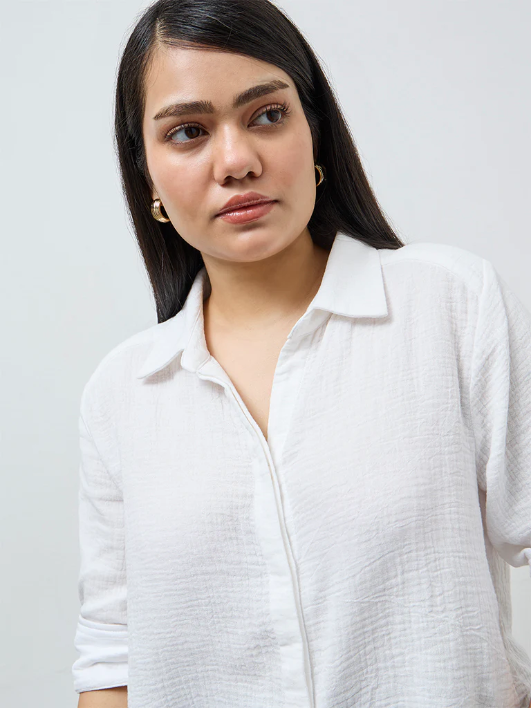 Gia White Crinkle-Textured Cotton Shirt - Image 3