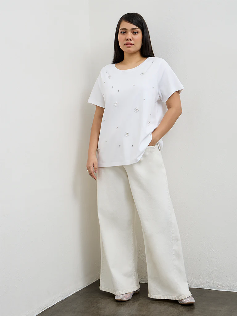 Gia White Embellished Cotton T-Shirt