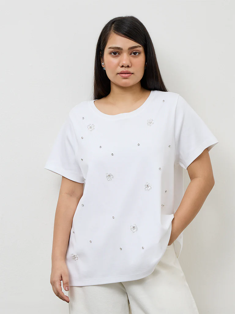 Gia White Embellished Cotton T-Shirt - Image 2