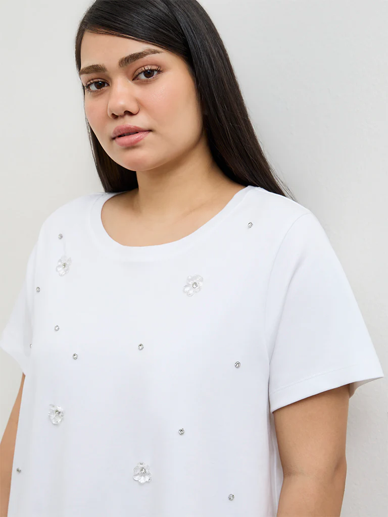 Gia White Embellished Cotton T-Shirt - Image 3