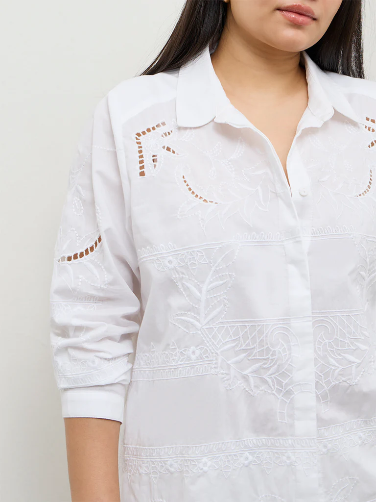 Gia White Embroidered Cotton Shirt - Image 3