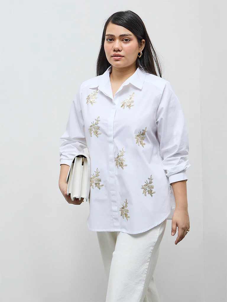 Gia White Floral Embellished Cotton Shirt - Image 2