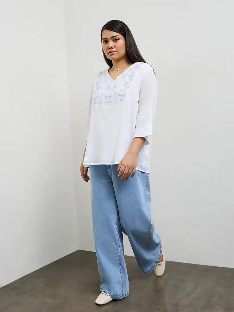 Gia White Floral Embroidered Cotton Blouse - Image 2