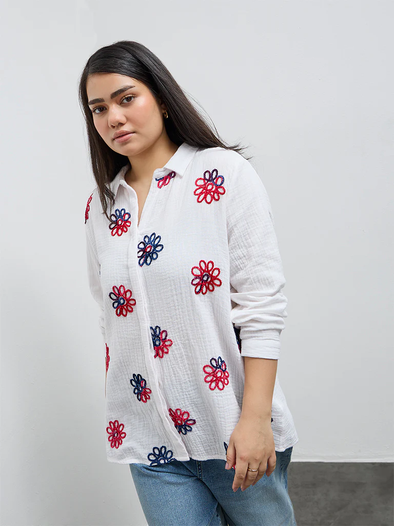 Gia White Floral Embroidered Cotton Shirt
