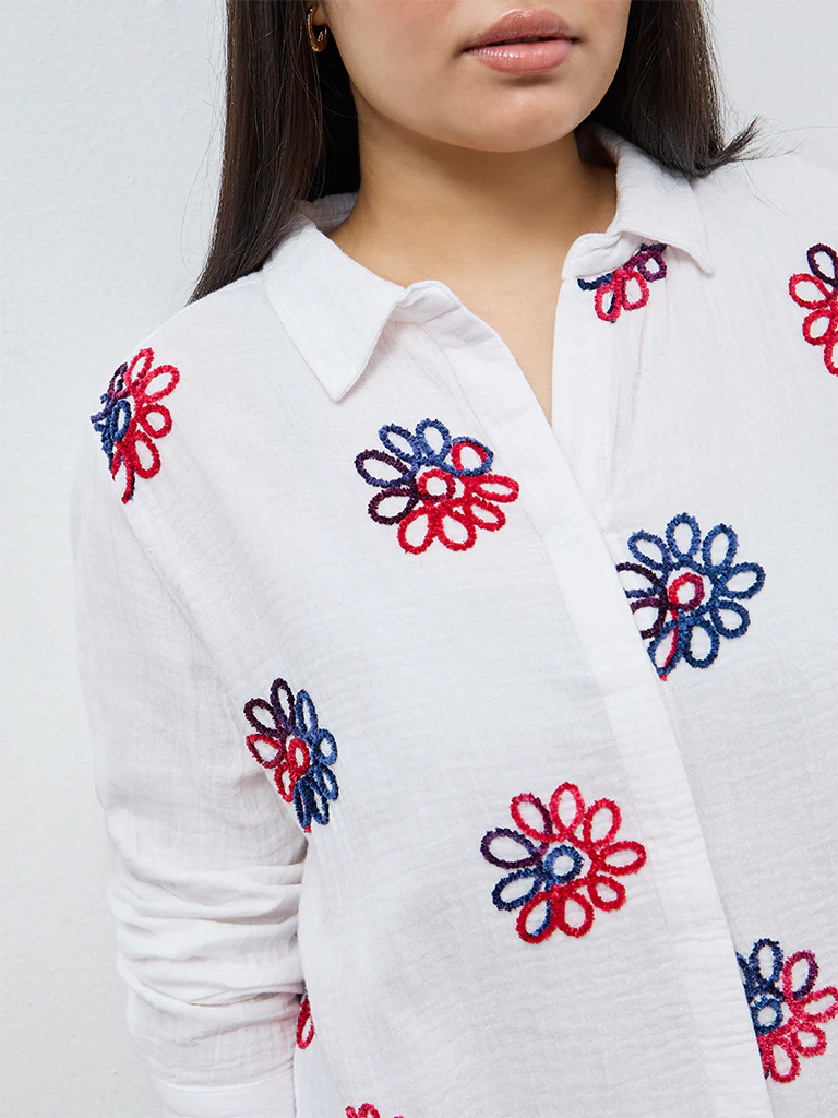 Gia White Floral Embroidered Cotton Shirt - Image 3