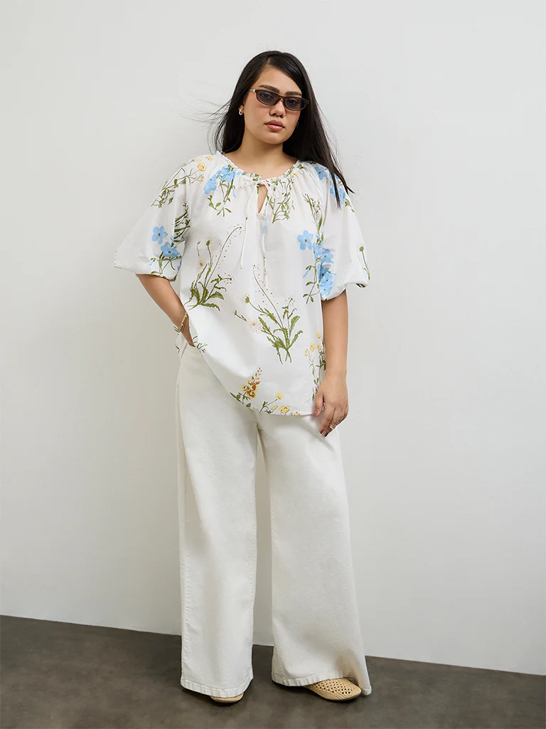 Gia White Foliage Printed Cotton Top - Image 2