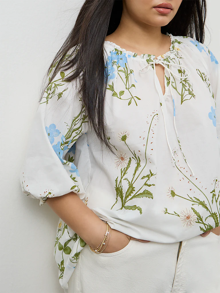 Gia White Foliage Printed Cotton Top - Image 3
