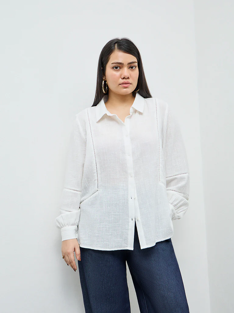 Gia White Lace-Insert Detailed Shirt
