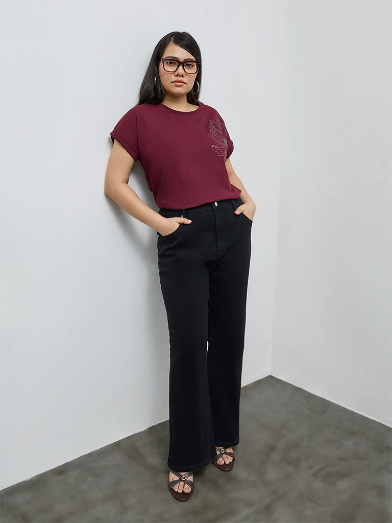 Gia Wine Floral Embellished Cotton T-Shirt - Image 2