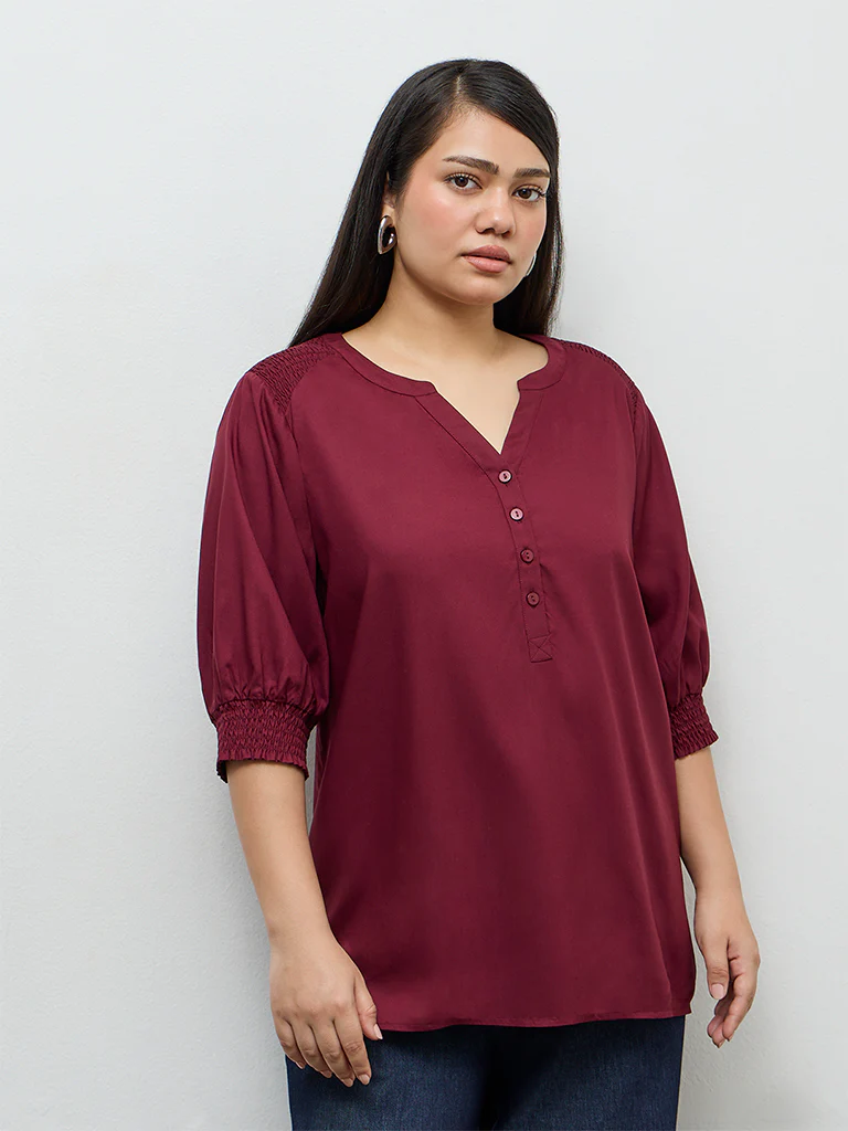 Gia Wine Smocked Detail Blouse