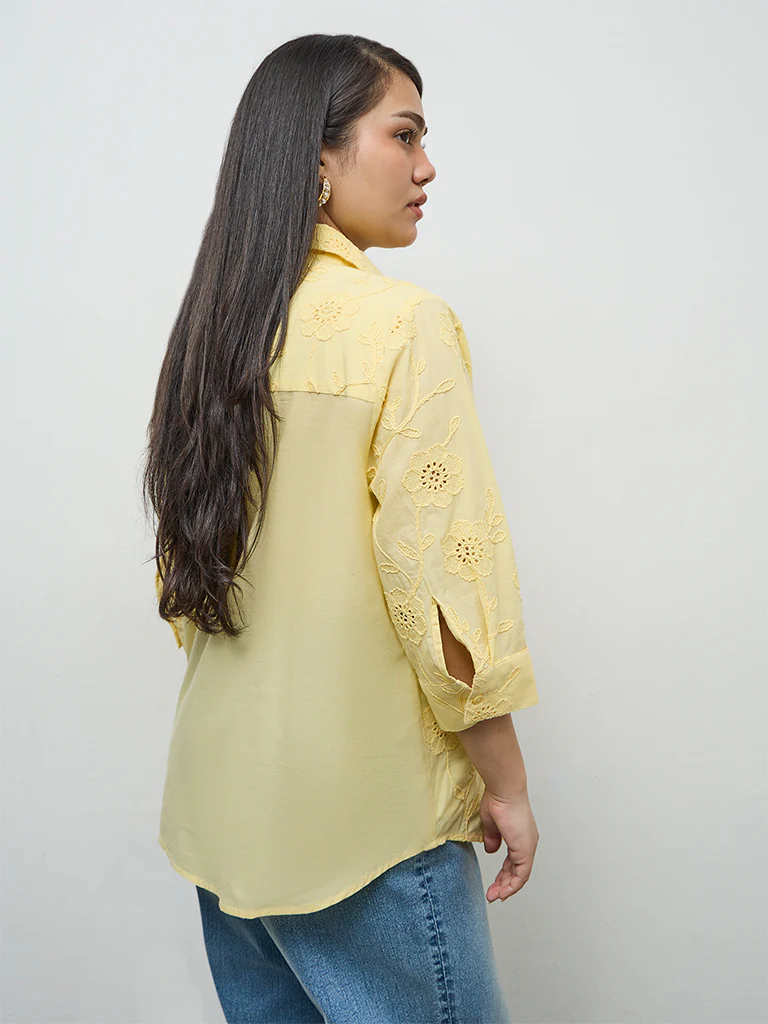 Gia Yellow Floral Embroidered Cotton Shirt - Image 4