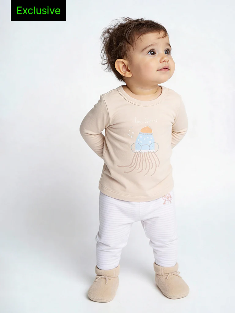 HOP Baby Boys Beige Animal Design Cotton Co-ord Set - Exclusive