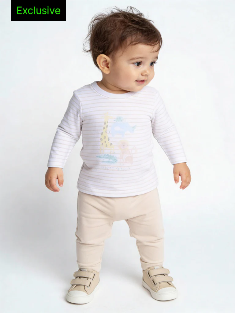 HOP Baby Boys Beige Animal Design Cotton T-Shirt and Pants Set - Exclusive