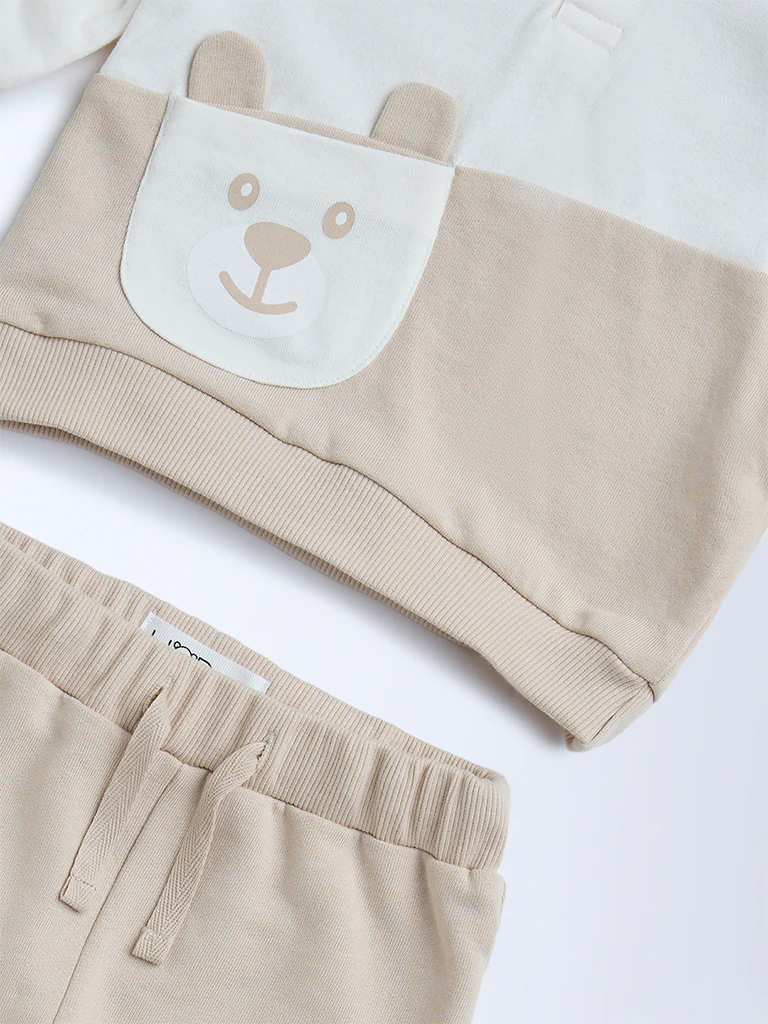 HOP Baby Boys Beige Animal Printed Cotton Sweatshirt with Joggers Set - Image 4