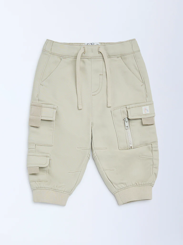 HOP Baby Boys Beige Cargo-Style Mid-Rise Cotton-Blend Joggers - Image 3