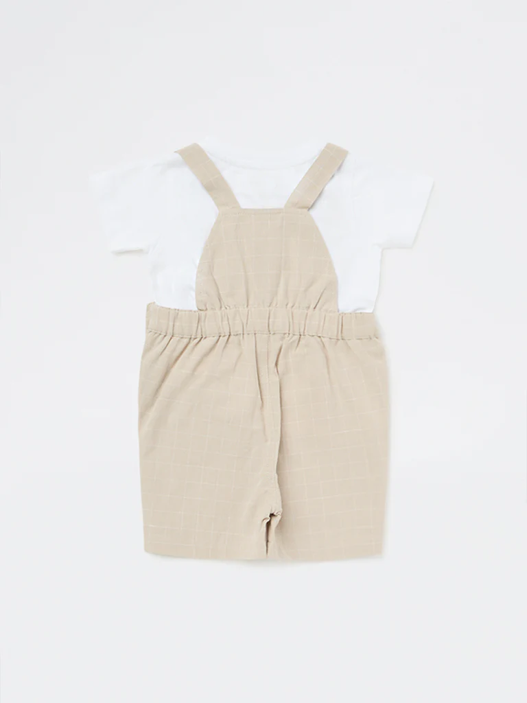 HOP Baby Boys Beige Checkered Cotton-Blend Dungaree and T-Shirt Set - Image 3