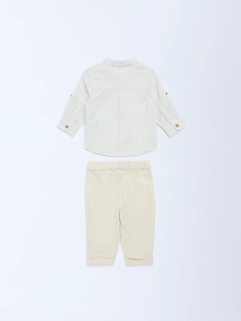 HOP Baby Boys Beige Checkered Cotton-Blend Shirt and Pants Set - Image 3