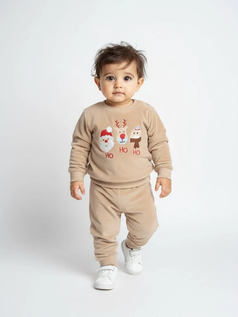 HOP Baby Boys Beige Christmas-Themed Sweatshirt and Pants Set