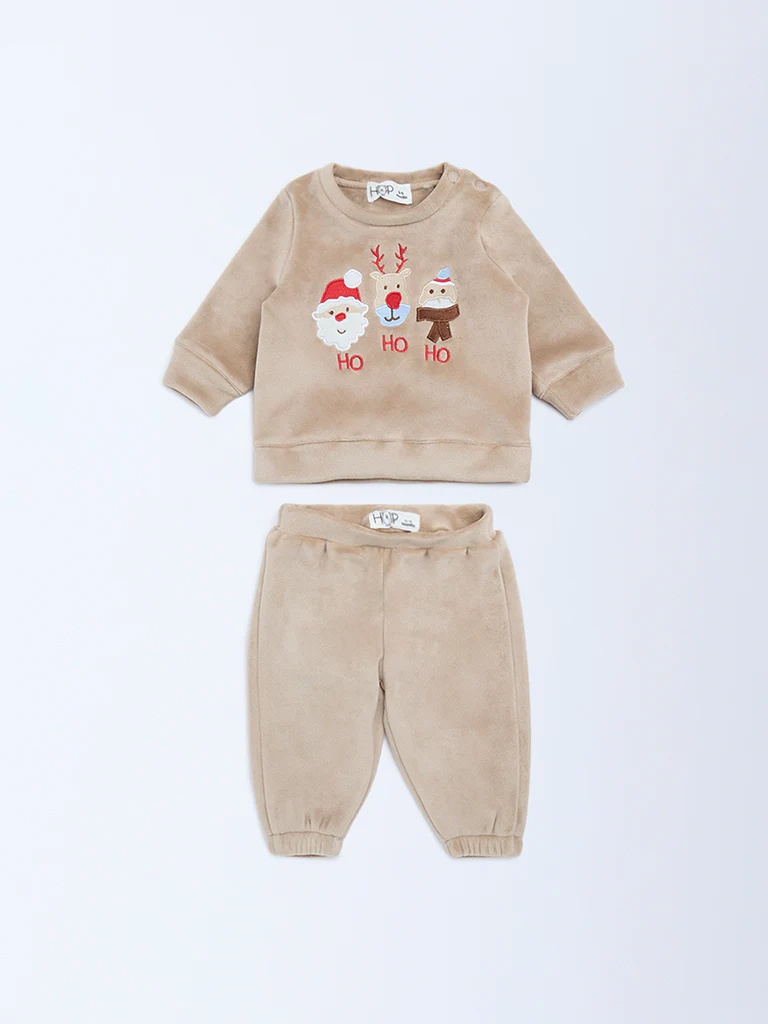 HOP Baby Boys Beige Christmas-Themed Sweatshirt and Pants Set - Image 2