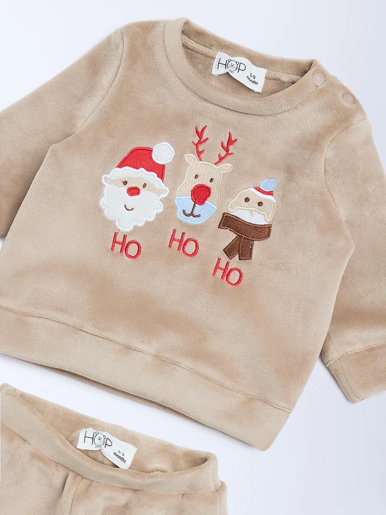 HOP Baby Boys Beige Christmas-Themed Sweatshirt and Pants Set - Image 4