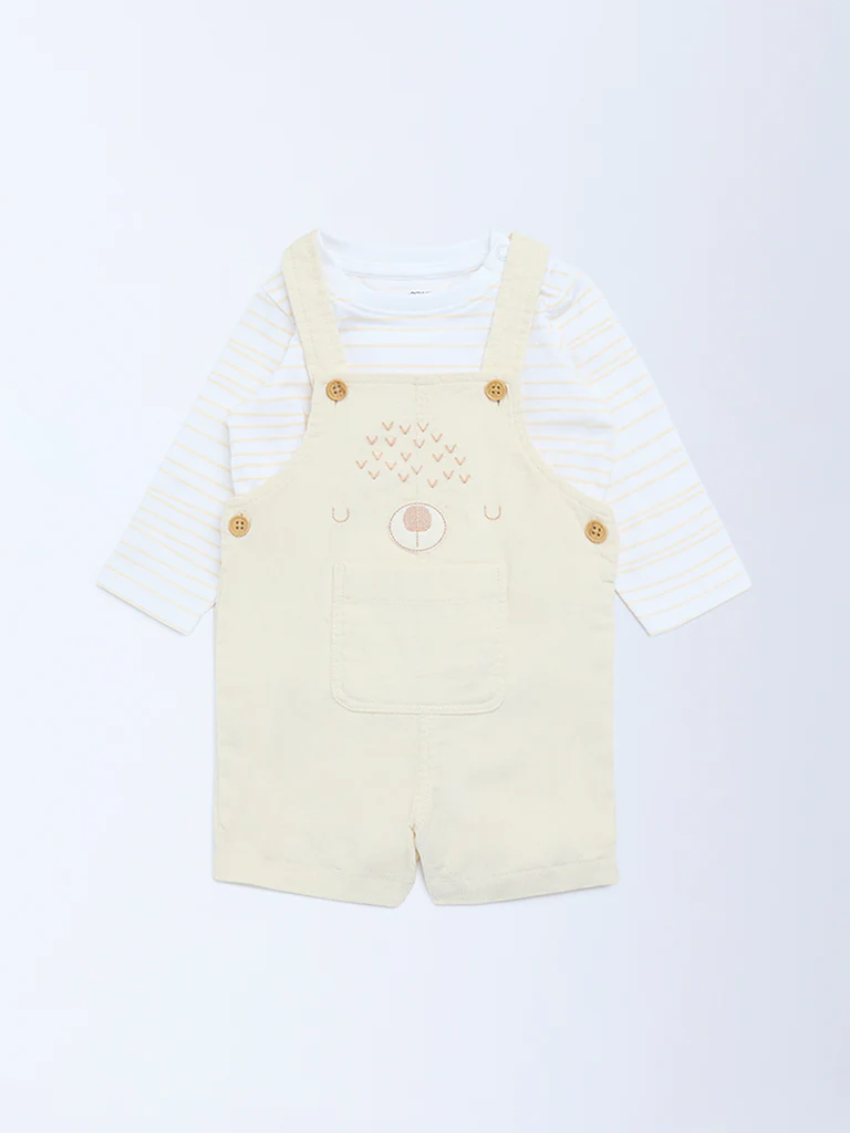 HOP Baby Boys Beige Corduroy Cotton Dungaree with T-Shirt Set - Image 2