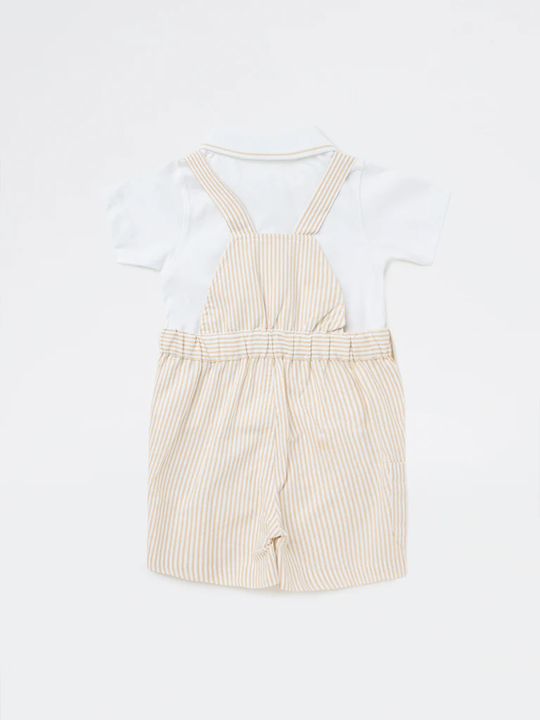 HOP Baby Boys Beige Cotton Dungaree with T-Shirt Set - Image 3