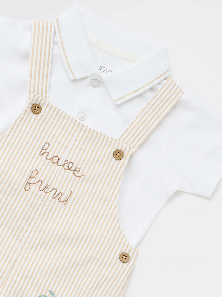 HOP Baby Boys Beige Cotton Dungaree with T-Shirt Set - Image 4