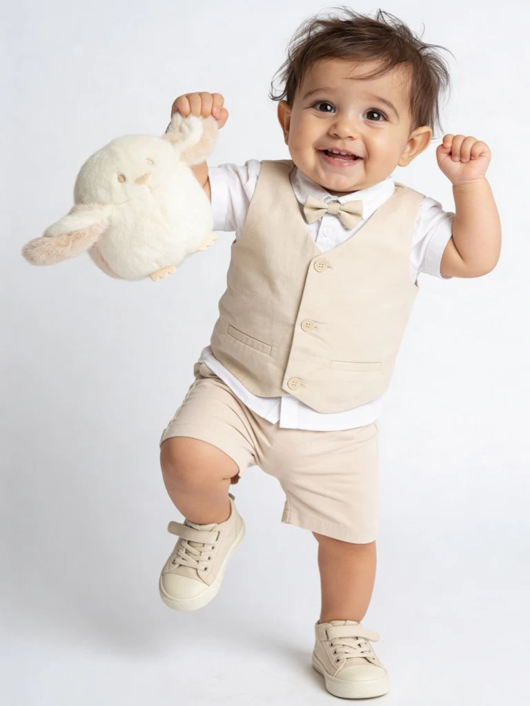 HOP Baby Boys Beige Cotton Shirt, Waistcoat, Shorts & Bow Set