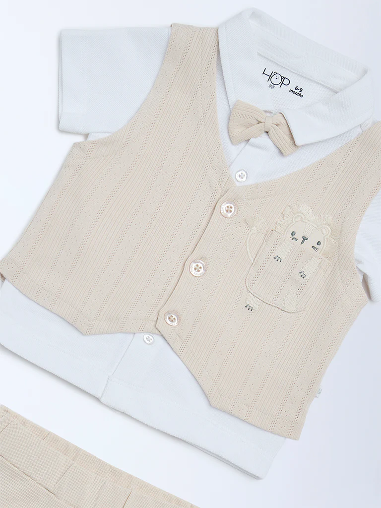 HOP Baby Boys Beige Cotton Waistcoat, Shirt and Pants Set - Image 4