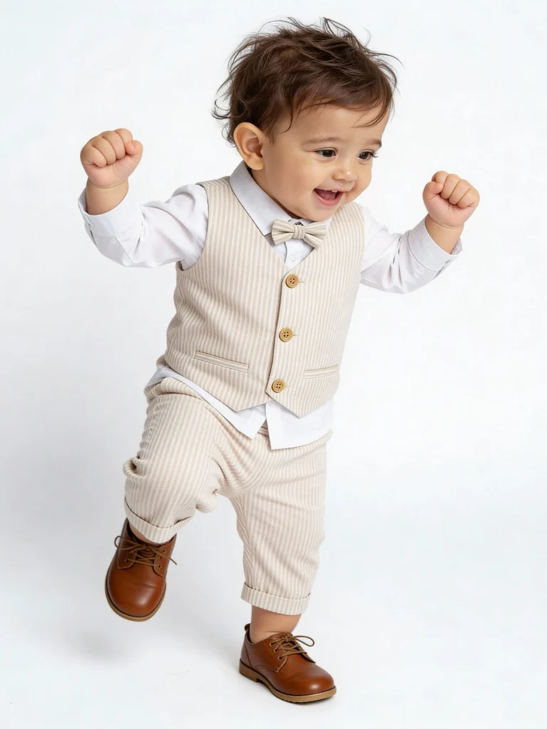 HOP Baby Boys Beige Cotton Waistcoat, Shirt, Trousers and Bow Set