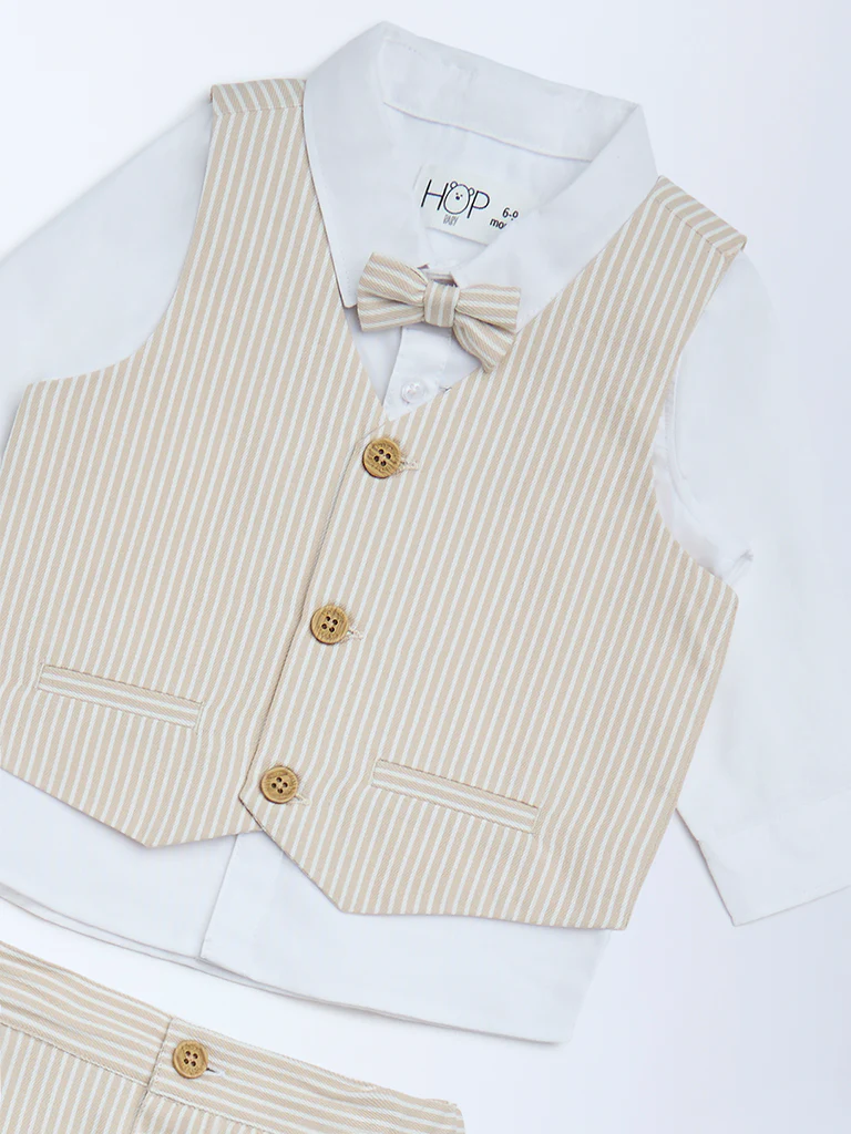 HOP Baby Boys Beige Cotton Waistcoat, Shirt, Trousers and Bow Set - Image 4