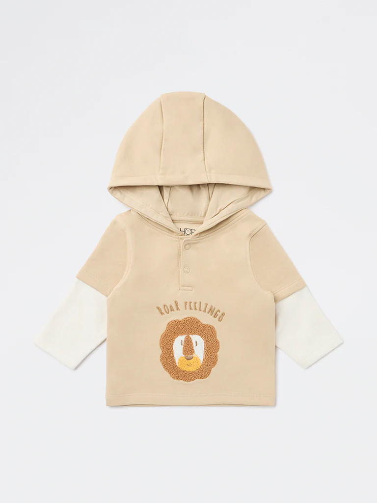 HOP Baby Boys Beige Embroidered Cotton-Blend Hooded Sweatshirt - Image 2