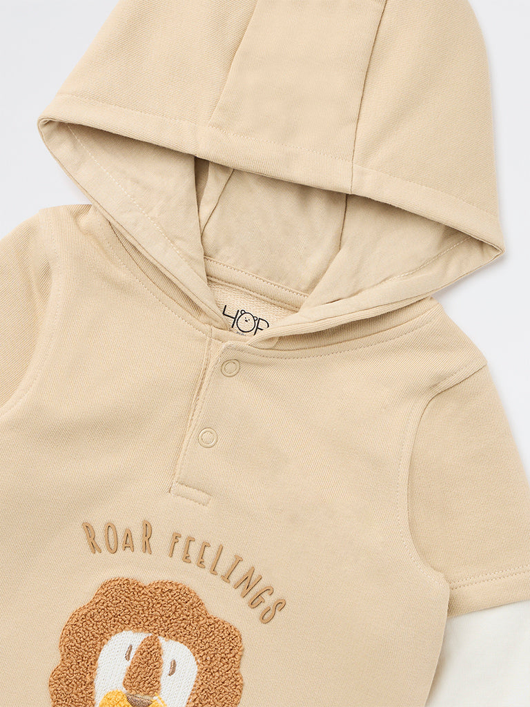 HOP Baby Boys Beige Embroidered Cotton-Blend Hooded Sweatshirt - Image 4