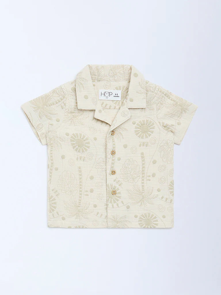 HOP Baby Boys Beige Embroidered Cotton Shirt - Image 2