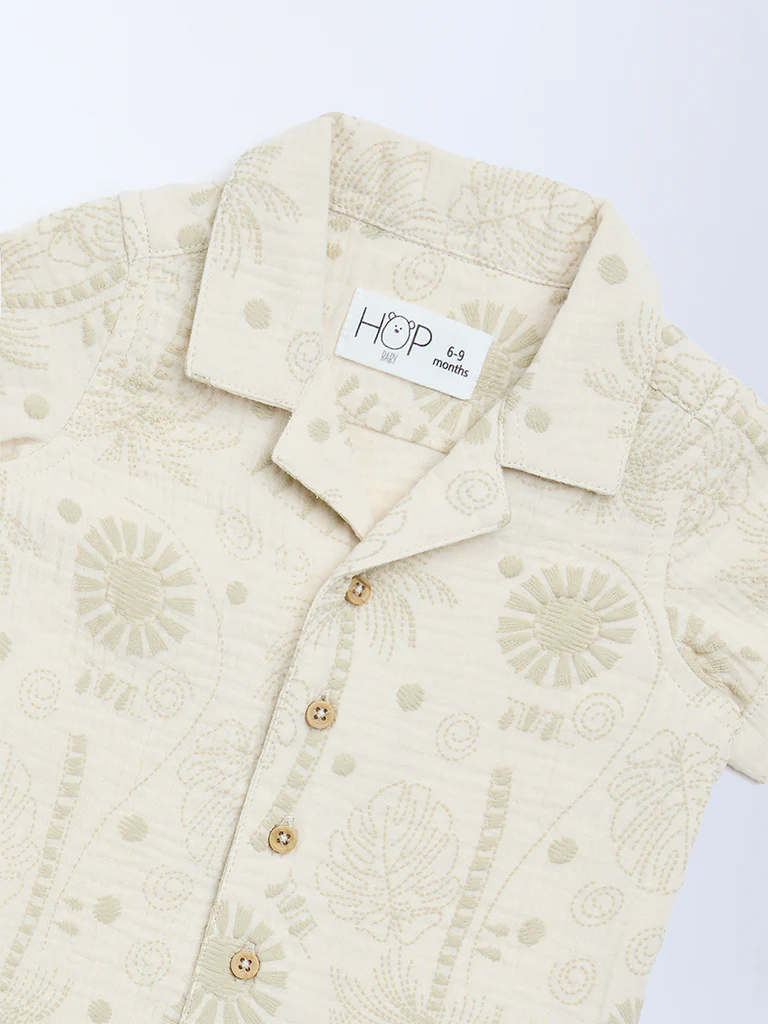 HOP Baby Boys Beige Embroidered Cotton Shirt - Image 4